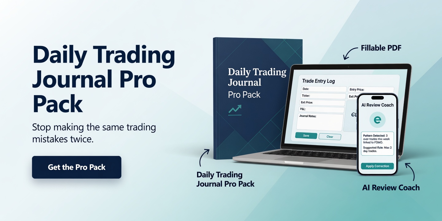 Daily Trading Journal Pro Pack hero image showing the workbook, fillable PDF, and AI coach