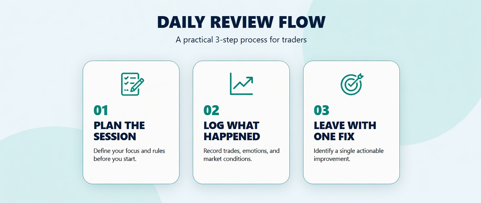 Workbook workflow preview showing plan, log, and one-fix daily review steps