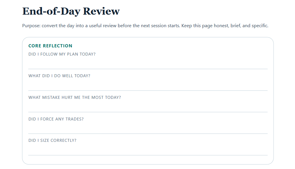 End-of-day review PDF page with trade recap and next-session correction prompts