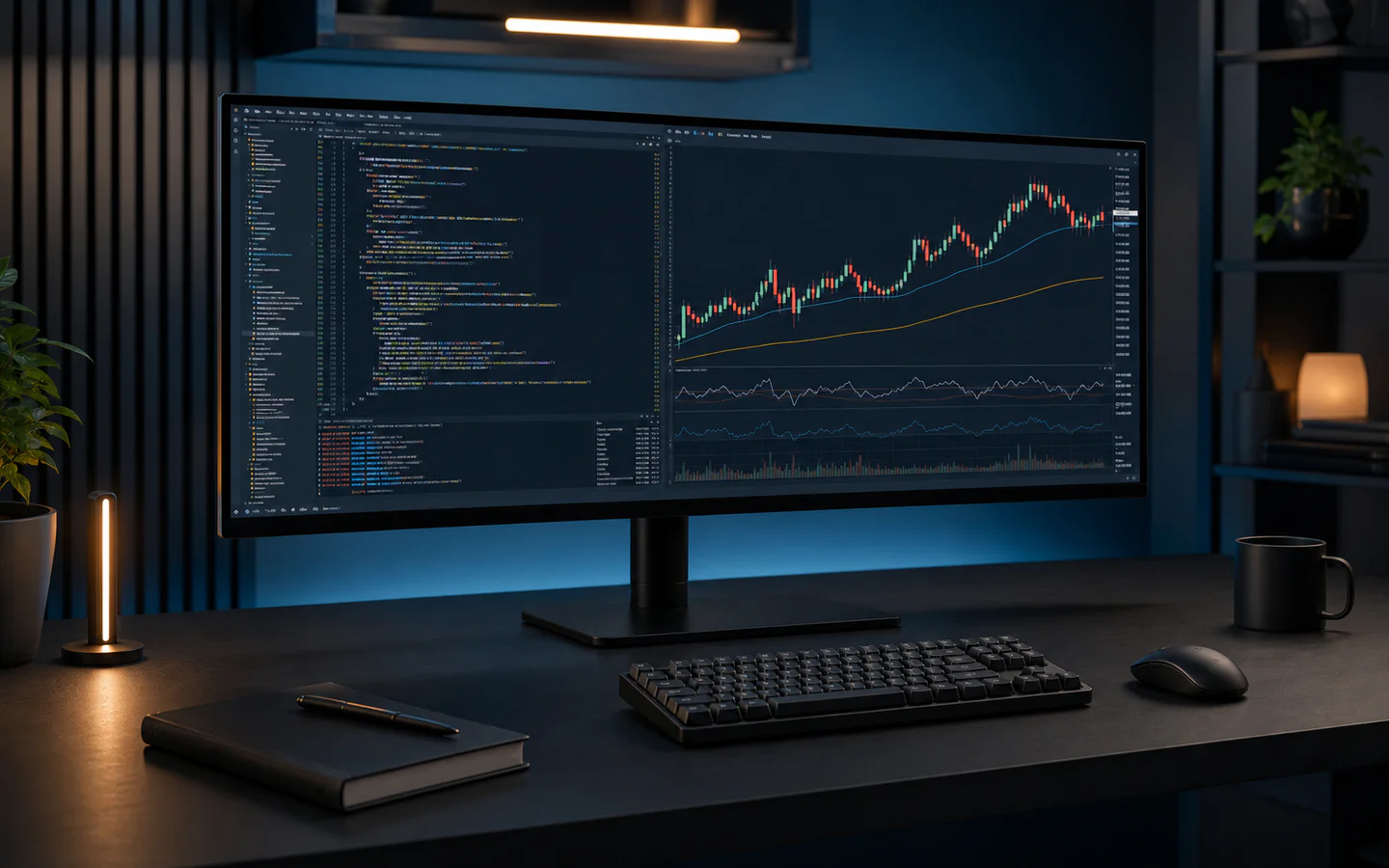 Trading platform programming workstation with source code and futures charts.